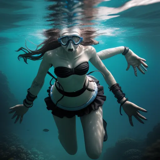 a woman in a bikini swims underwater in the ocean with her arms outstretched and her head above the water, by Amandine Van Ray