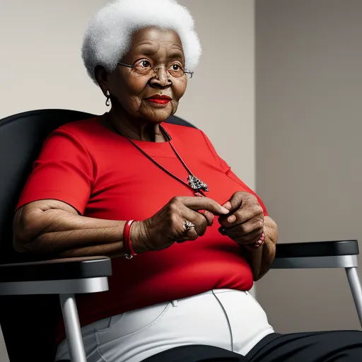 ai image generator from image - a woman in a red shirt sitting in a chair with a necklace on her neck and a black and white necklace on her neck, by Barkley Hendricks