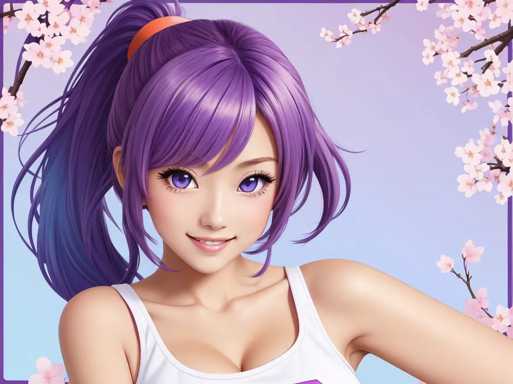 ai image generator from image - a girl with purple hair and a white tank top with pink flowers on it and a purple frame around her, by Toei Animations