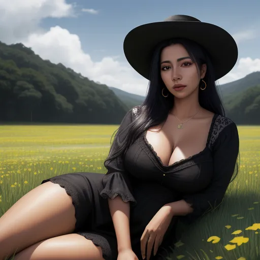 free high resolution images - a woman in a black dress and hat sitting in a field of flowers with mountains in the background and a blue sky, by Terada Katsuya