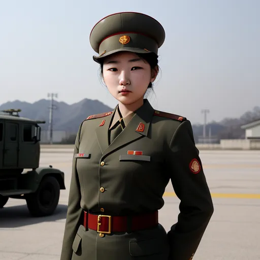 a woman in a military uniform standing in front of a truck and a truck in the background with mountains in the distance, by Chen Daofu