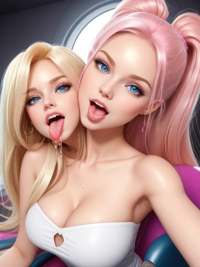 two blonde women with their mouths open and their heads close together, both of them are sticking out their tongues, by Akira Toriyama