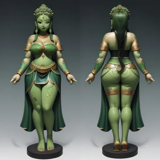 a statue of a woman in green with gold accents and a green dress with gold trims and a green headpiece, by Hirohiko Araki