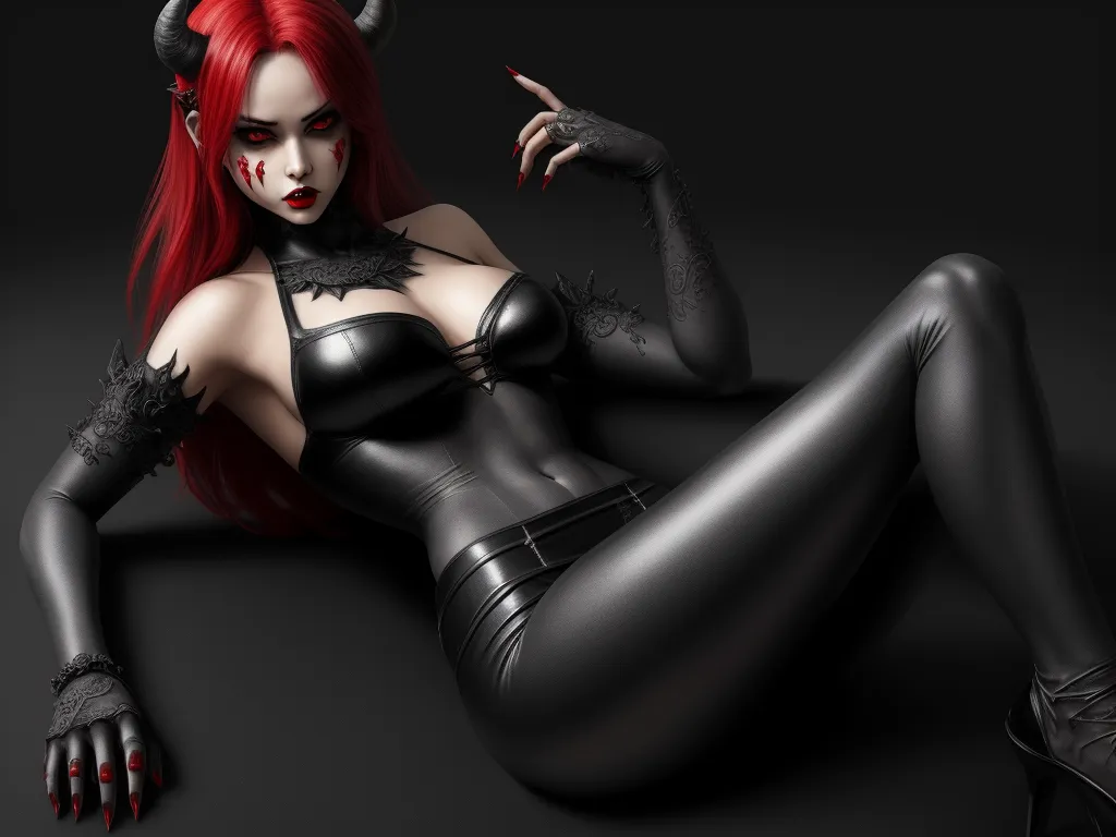 convert photo to high resolution - a woman with red hair and horns is laying on the ground with her hand up to her face and a devilish outfit on, by George Manson