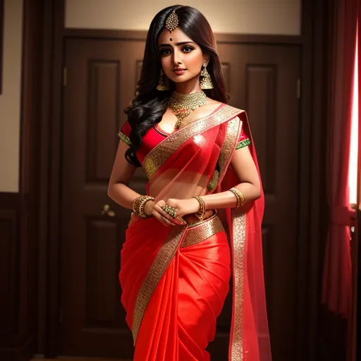 high resolution - a woman in a red sari with gold jewelry on her neck and shoulders, standing in a doorway, by Hendrik van Steenwijk I