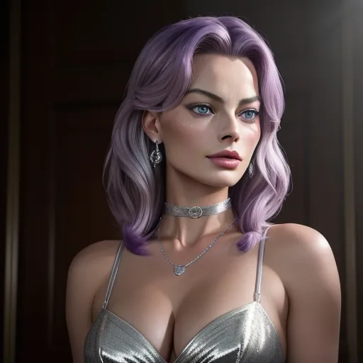 ai image maker - a woman with purple hair wearing a silver bra and a choker necklace and earrings, in a dark room, by Terada Katsuya