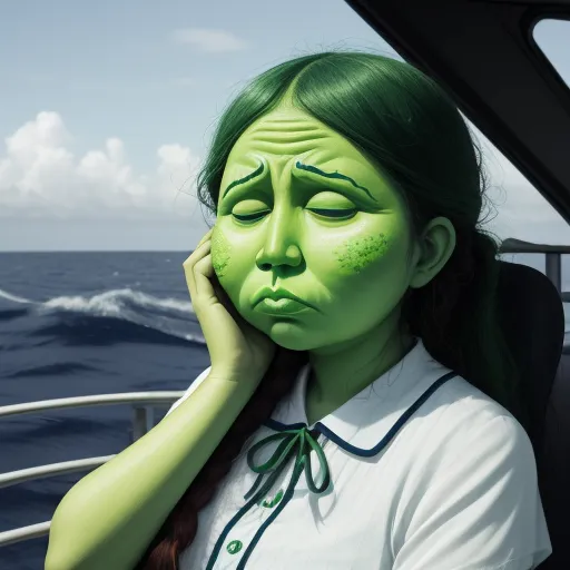 how to increase image resolution - a woman with green makeup on a boat in the ocean with a green face paint on her face and hands to her face, by Liu Ye