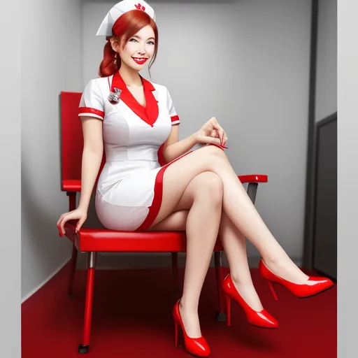a woman in a nurse outfit sitting on a red chair with a red bow on her head and a white shirt on, by Terada Katsuya