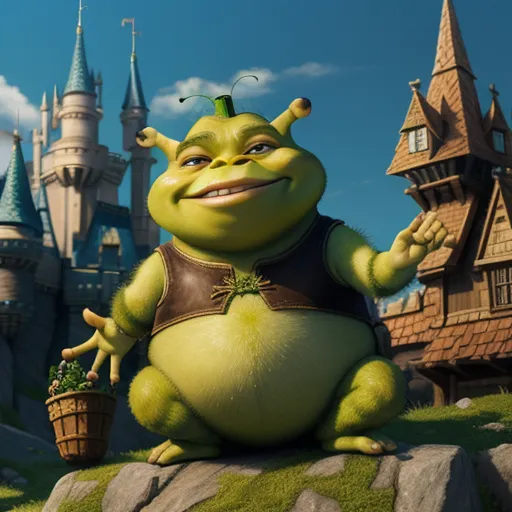 free photo enhancer online - a cartoon character is standing in front of a castle with a green frog on it's back and a potted plant in his hand, by Pixar Concept Artists