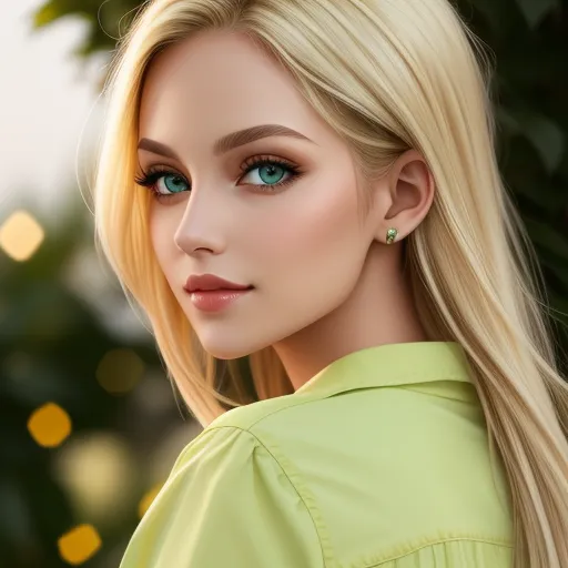 a blonde woman with blue eyes and a green shirt on a tree background with lights in the background and a green shirt on the left side, by Daniela Uhlig