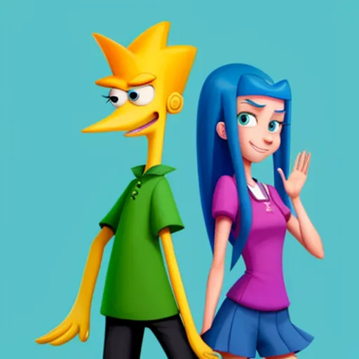 generate images from text - a cartoon character and a cartoon character walking together with a blue background and a blue background behind them, the character is a woman with a, by Dan Smith