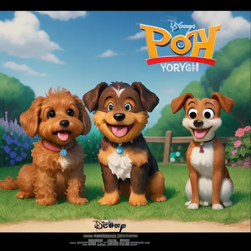 a group of dogs sitting on top of a lush green field next to a forest of flowers and bushes, by Pixar