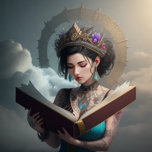 how to fix low resolution photos - a woman with a crown on her head reading a book in the sky with clouds behind her and a book in her hands, by Amandine Van Ray