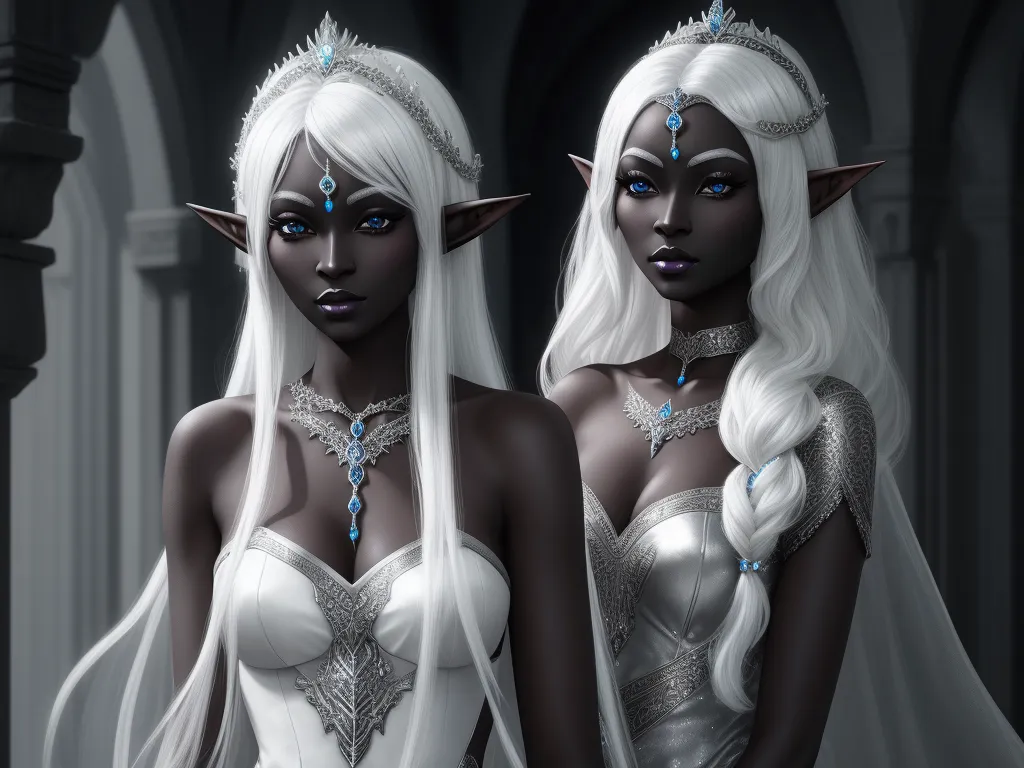 ai image upscaling - two white women dressed in white clothing and blue jewels, one wearing a tiara and the other wearing a veil, by Lois van Baarle