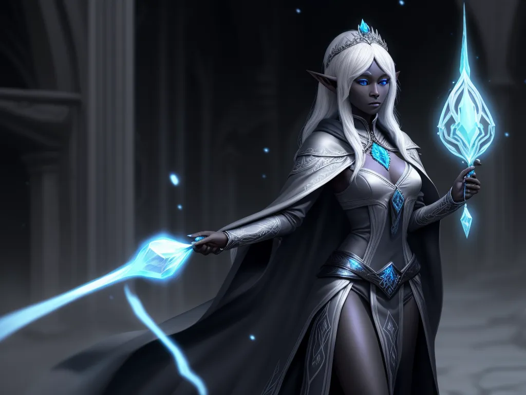 turn image 4k: 1 solo female drow elf conjurer, black skin,