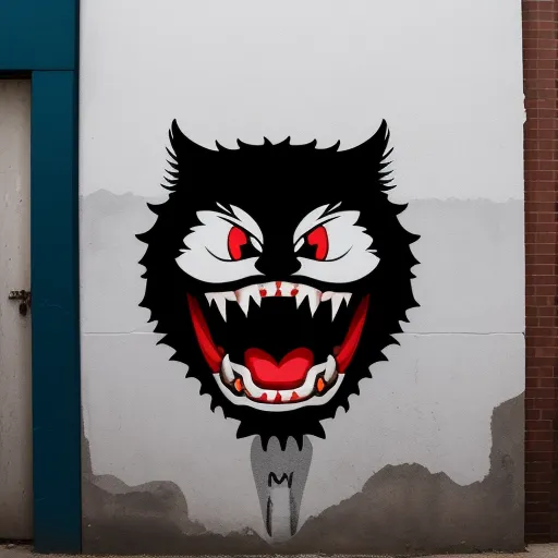 ultra hd print - a wall with a painting of a demon with red eyes and a mouth with sharp teeth and a red tongue, by Louis Wain