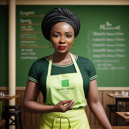 a woman in an apron standing in front of a chalkboard with writing on it and a green chalkboard behind her, by Sandy Skoglund