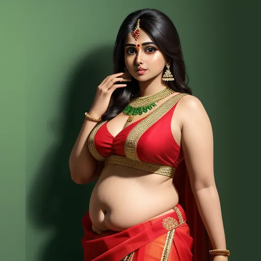 turn photo to 4k - a woman in a red sari and gold jewelry poses for a picture in a green background with a green wall, by Raja Ravi Varma