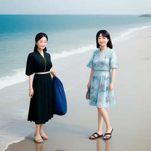 text-to-image ai - two women standing on a beach next to the ocean with a blue bag in their hand and a blue bag in her other hand, by Chen Daofu