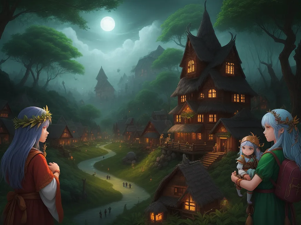 a painting of a woman holding a baby in a forest with a house in the background and a full moon in the sky, by Studio Ghibli