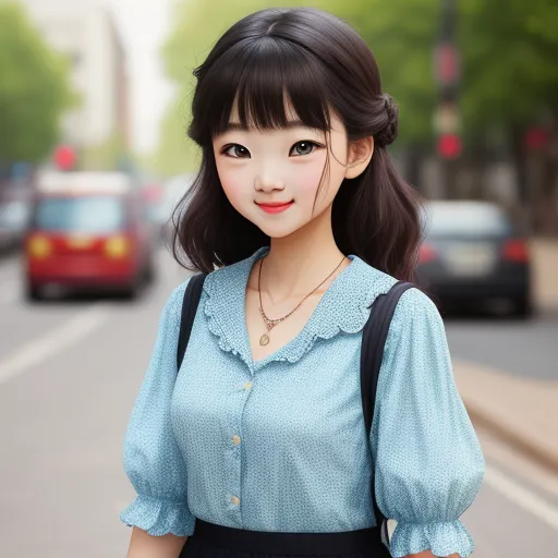 free ai photo - a woman with a blue shirt and black skirt standing on a street corner with cars behind her and a red car behind her, by Chen Daofu