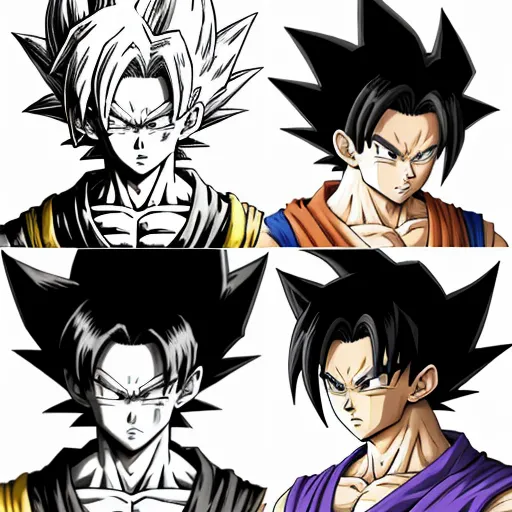 three different dragon ball characters in different poses, one with his eyes closed and one with his hands folded, by Akira Toriyama