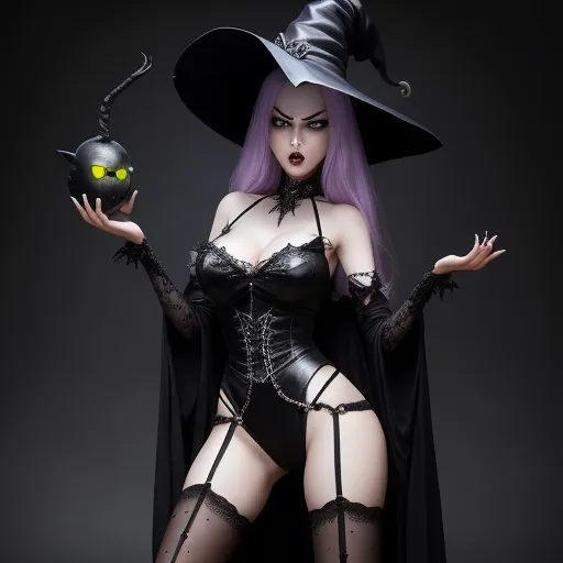 increase image resolution - a woman dressed in a witch costume holding a ball and a black hat with a green eyeball in her hand, by Terada Katsuya