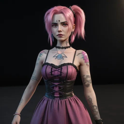 ai image generator names - a woman with pink hair and tattoos wearing a dress and holding a knife in her hand and looking at the camera, by Akira Toriyama