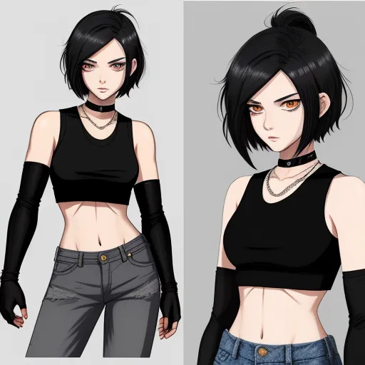 a woman with black hair and a black top and jeans, and a black top with a black choker, by Lois van Baarle