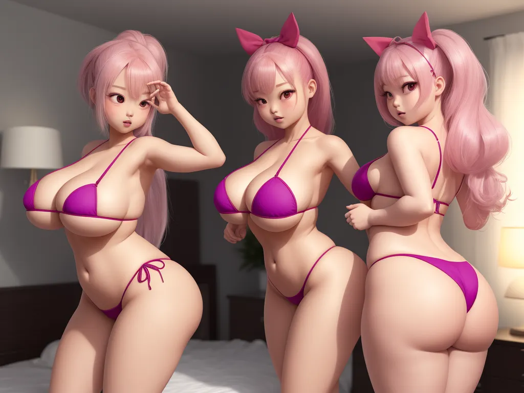 three cartoon women in bikinis standing in a bedroom together, one of them is wearing a cat ears, by Toei Animations