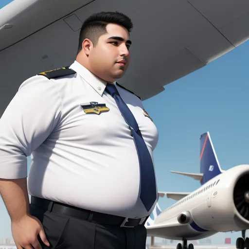 ai text image - a man in a uniform standing next to a plane and a jet engine on the ground behind him is a jet, by Botero