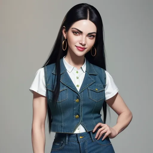 a woman with long black hair wearing a denim vest and white shirt and gold earrings, posing for a picture, by Chen Daofu