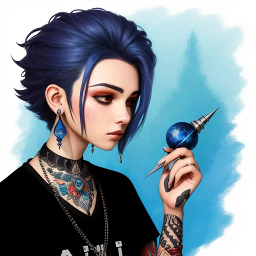 a woman with blue hair holding a blue ball and a pair of scissors in her hand and a piercing on her left arm, by Daniela Uhlig