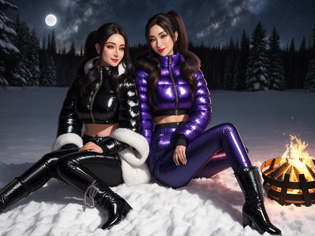 ai image generator online - two women sitting next to each other in the snow near a fire pit at night with a full moon in the background, by Chen Daofu