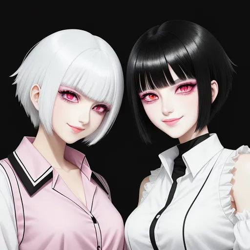 4k quality converter photo - two anime girls with white hair and pink eyes posing for a picture together, both with short hair and pink eyes, by Terada Katsuya