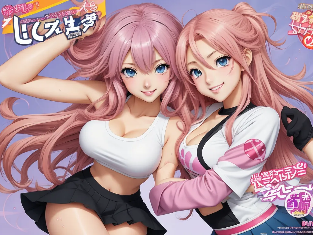 two anime girls with pink hair and blue eyes posing for a picture together with their arms behind their backs, by Hanabusa Itchō