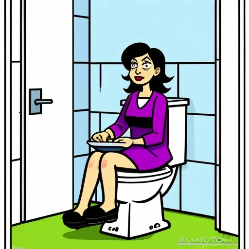 a woman sitting on a toilet in a bathroom with a plate of food in her lap and a glass of water in her hand, by Marjane Satrapi