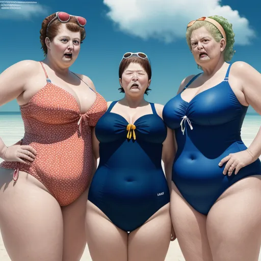 images hd free - three women in swimsuits standing on a beach with a sky background and clouds in the background, one of them is frowning, by Alex Prager