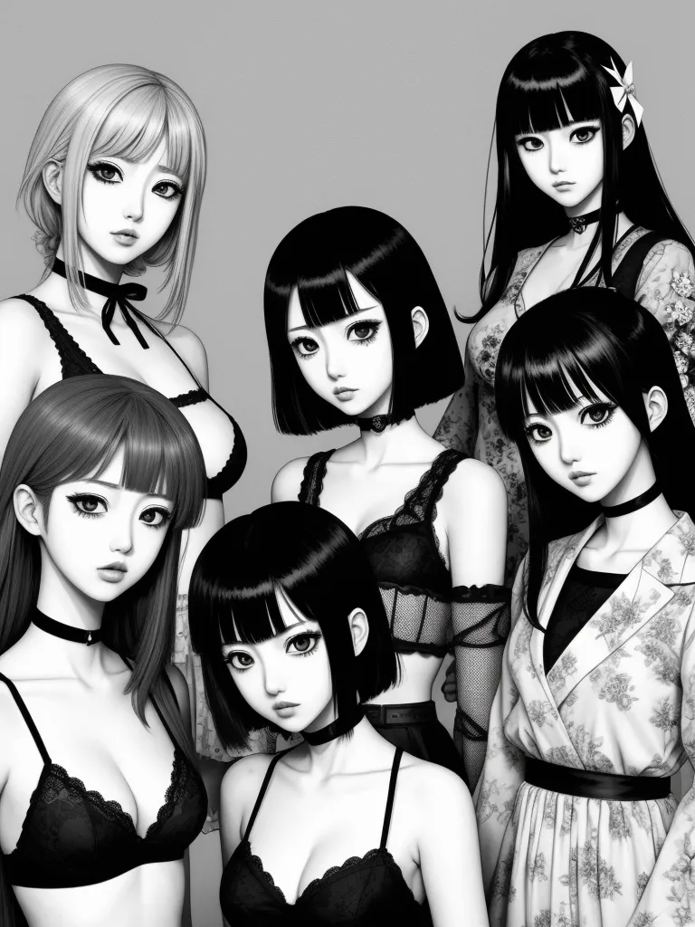 text to ai image generator - a group of women in lingerie outfits standing next to each other in front of a gray background with a black and white background, by Takeshi Obata