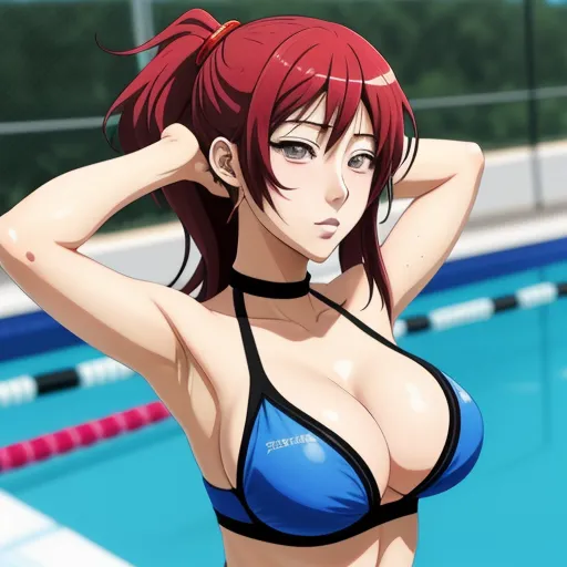 a woman in a bikini standing next to a swimming pool with her hands on her hips and her hair in the wind, by Toei Animations