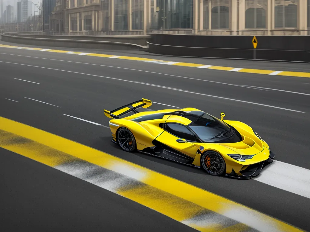 ai text to photo - a yellow sports car driving down a city street with buildings in the background and a yellow line painted on the road, by Hendrik van Steenwijk I