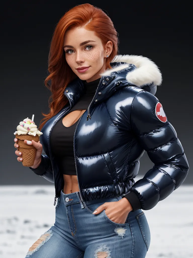 how to fix low resolution pictures on phone - a woman in a black jacket holding a ice cream cone in her hand and looking at the camera with a serious look on her face, by Terada Katsuya