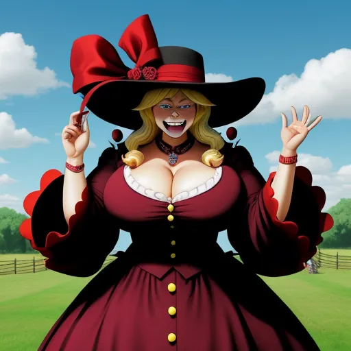 a woman in a red dress and hat with a big breast and big breasts is posing for a picture, by Toei Animations