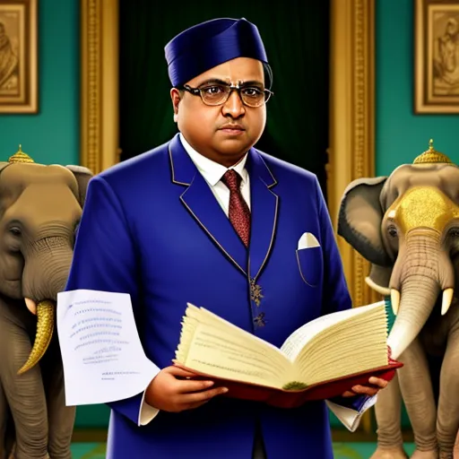 ai image generator dall e - a man in a blue suit is reading a book with elephants in the background and a gold framed mirror, by Raja Ravi Varma