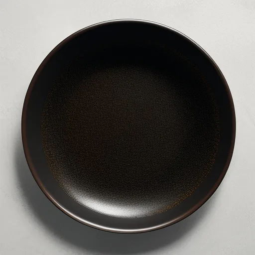 a black plate sitting on a white table top with a brown stripe on it's edge and a black rim, by Hiroshi Sugimoto