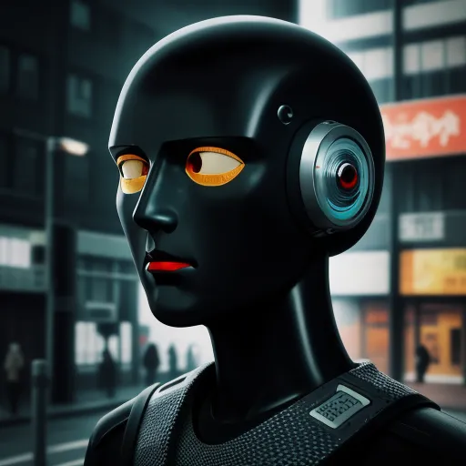 high res images - a robot with a headphones on in a city street at night with people walking by and a building with orange lights, by Leiji Matsumoto