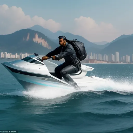 a man riding a jet ski across a body of water with a city in the background on a sunny day, by Edmond Xavier Kapp