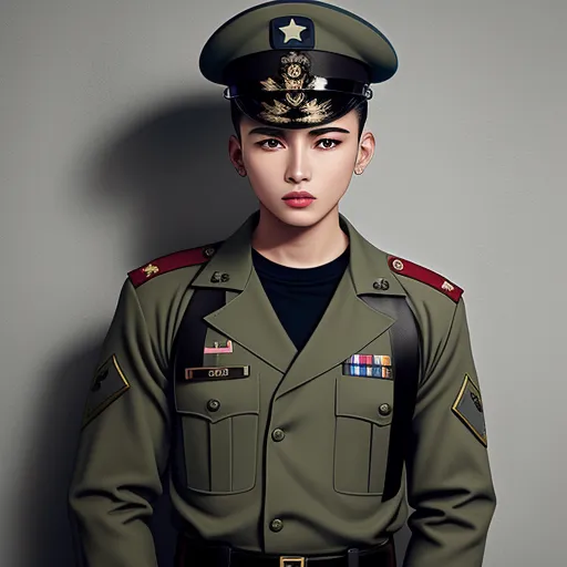 a woman in a military uniform poses for a picture in a studio photo shoot with a gray background and a gray wall, by Chen Daofu