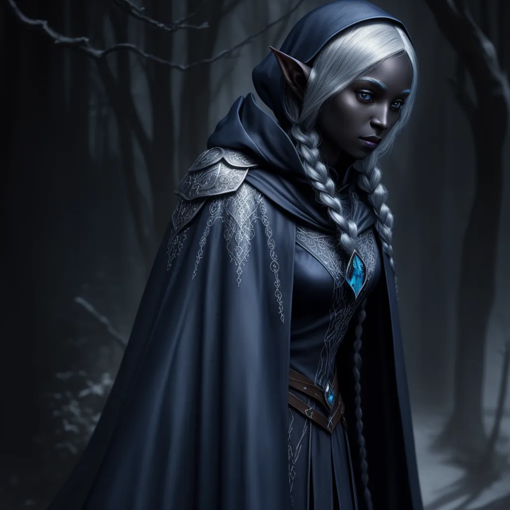 ai image generator from text free - a woman dressed in a black outfit and a white hair and horns stands in a dark forest with trees, by Antonio J. Manzanedo