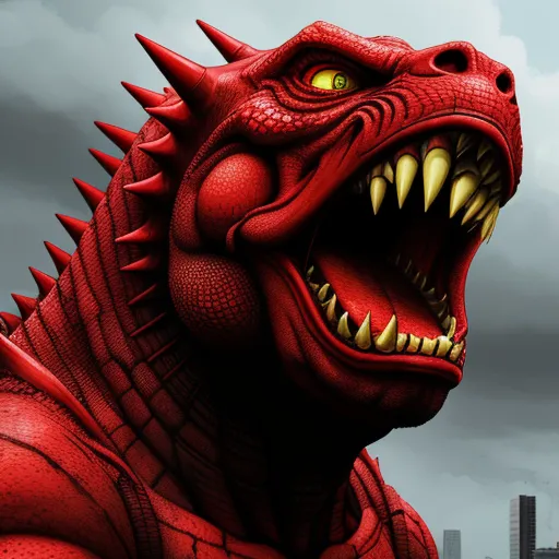 a red dragon with sharp teeth and sharp teeth is shown in front of a city skyline with skyscrapers, by Shotaro Ishinomori
